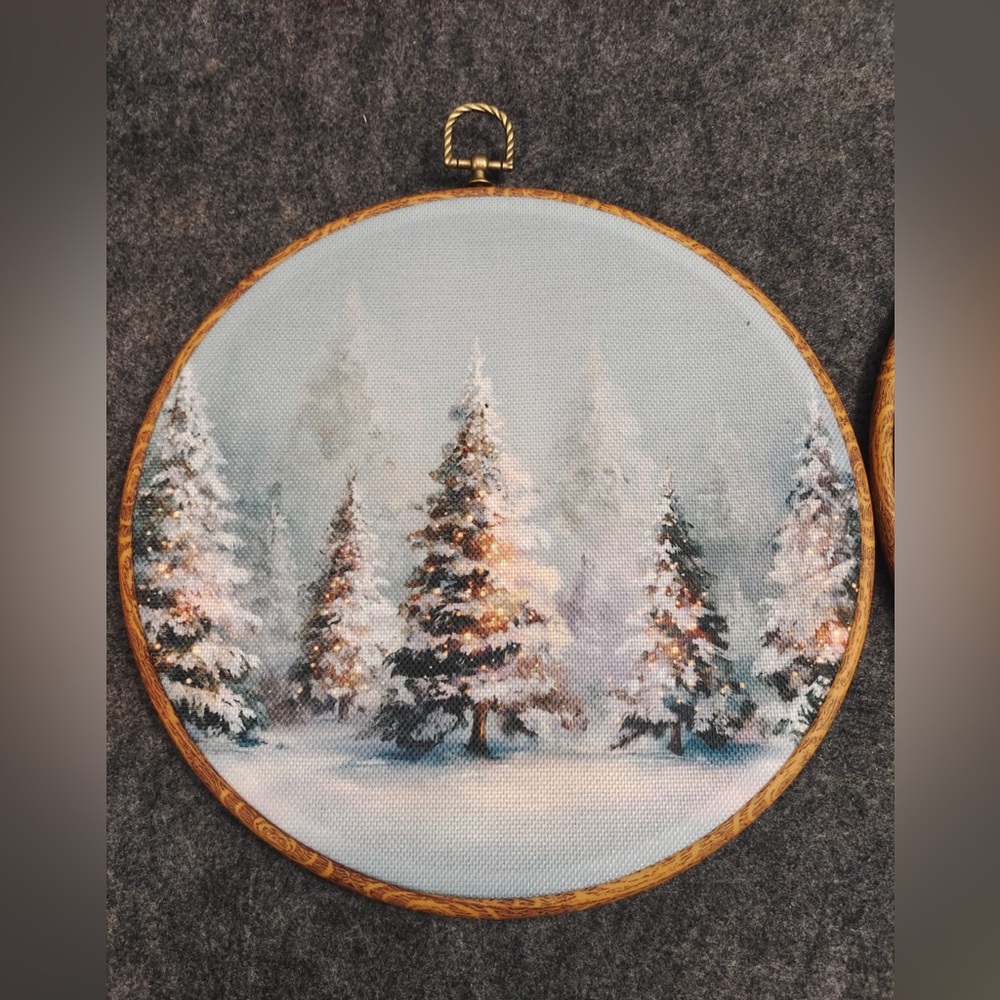 Set of 2 FUGWN Winter Christmas Tree Round Wall Art Decor Framed, Canvas Artwor - Picture 2 of 5